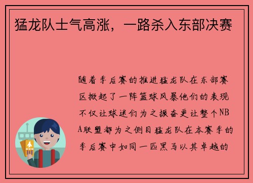 猛龙队士气高涨，一路杀入东部决赛